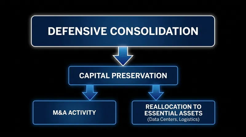 The defensive consolidation strategy prioritizes capital preservation, strategic mergers, and a pivot toward future-proof operational real estate.