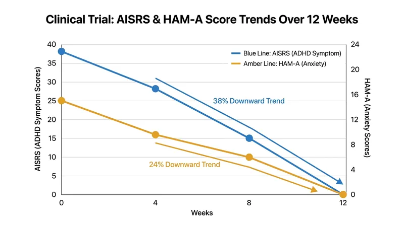 Phase 3 trial data demonstrated significant reductions in both core ADHD symptoms and comorbid anxiety over 12 weeks.