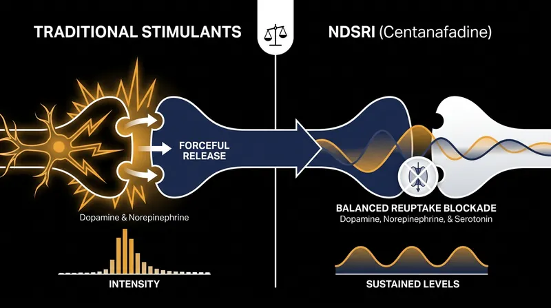 Unlike stimulants, centanafadine modulates serotonin alongside dopamine and norepinephrine to buffer anxiety.