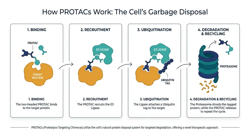 Unlike traditional drugs that merely block proteins, PROTACs tag them for complete destruction.