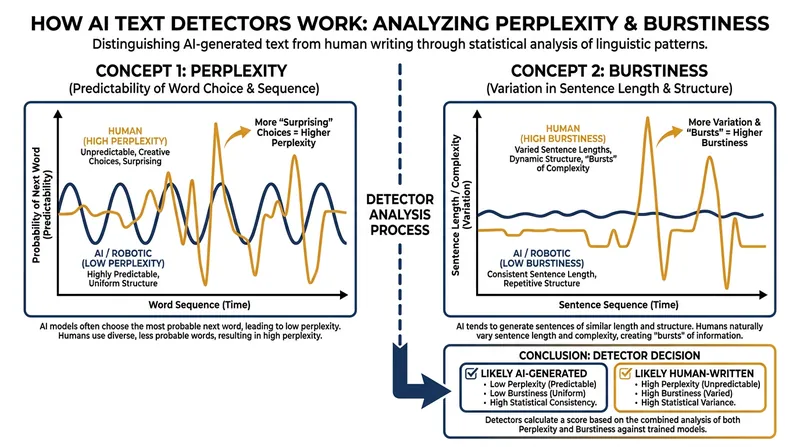 AI detection tools analyze text for predictability and structural uniformity, though they remain vulnerable to false positives.