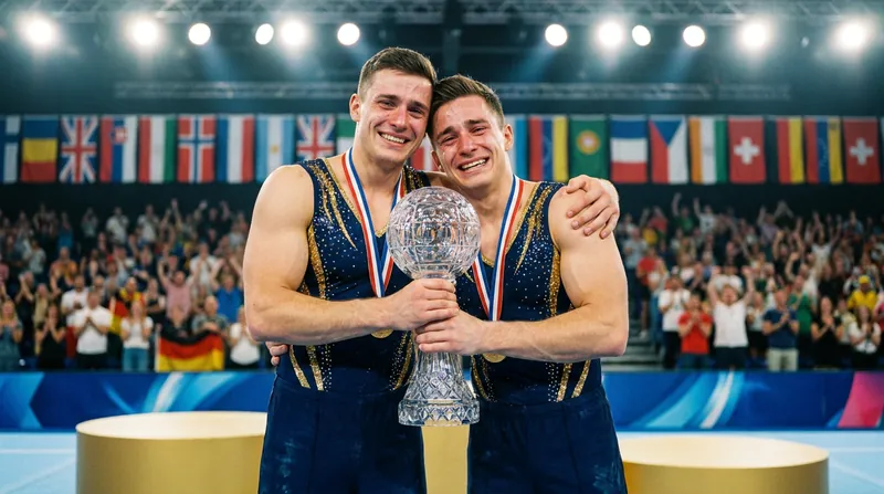 Yaroslav and Vsevolod Ossolodkov celebrate their overall series victory at the Rzeszow World Cup in Poland.