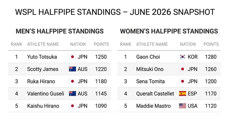 The razor-thin margins at the top of the June 2026 Halfpipe standings.