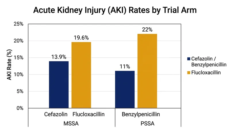 Both cefazolin and benzylpenicillin dramatically reduced the incidence of acute kidney injury compared to antistaphylococcal penicillins.