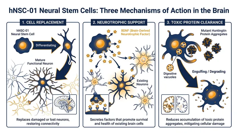 Preclinical models suggest the stem cells act through three distinct pathways to protect and repair the damaged striatum.