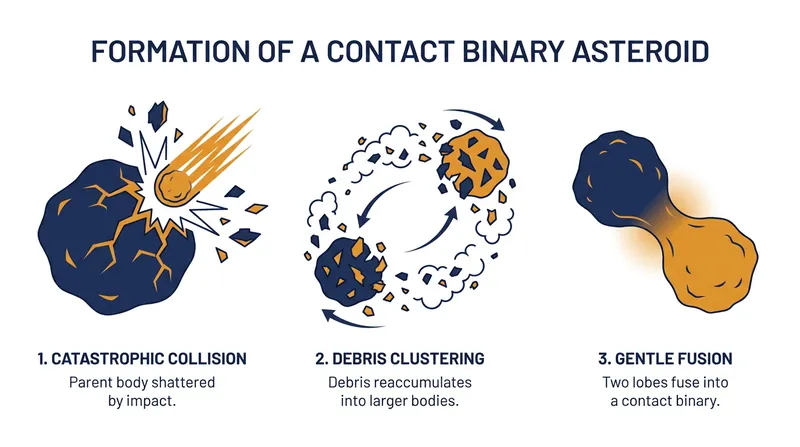 Contact binaries like Donaldjohanson form when fragments from a collision gently fuse together.