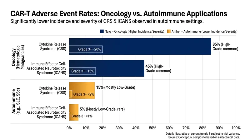 Autoimmune patients generally experience much milder inflammatory side effects compared to oncology patients receiving CAR-T.