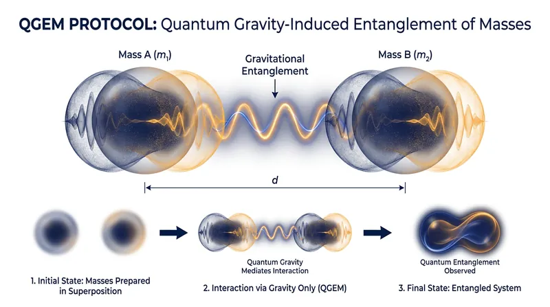The QGEM protocol tests whether a purely gravitational interaction can entangle two quantum masses.