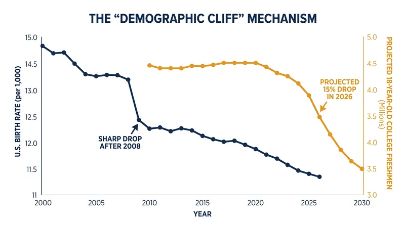 The 2008 financial crisis triggered a drop in birth rates, resulting in a significantly smaller pool of 18-year-olds in 2026.