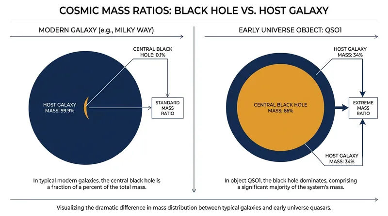 Unlike modern galaxies, the black hole inside QSO1 accounts for roughly two-thirds of the system's total mass.