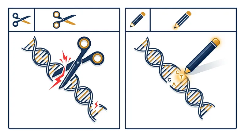 Unlike traditional CRISPR which cuts both DNA strands, base editing chemically converts a single genetic letter, avoiding chromosomal damage.