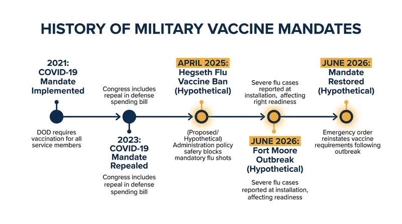 Timeline of recent shifts in Department of Defense immunization policies.