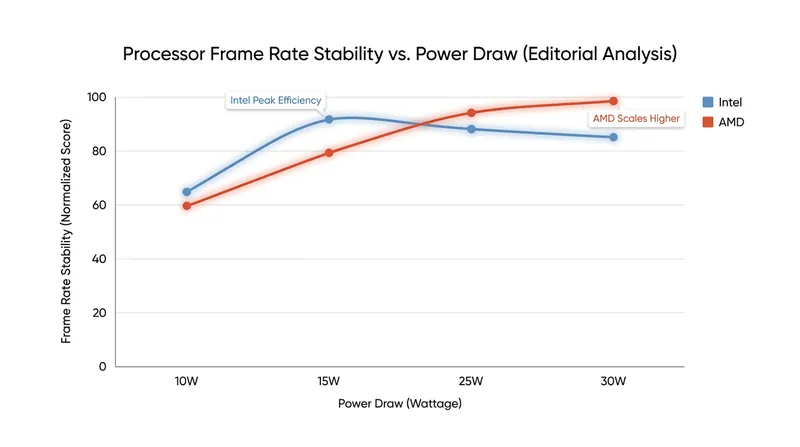 Performance scaling curves highlight Intel's low-wattage advantage and AMD's high-wattage dominance.