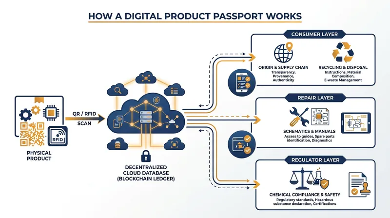 Digital Product Passports use gated access layers to provide different data to consumers, repair technicians, and customs regulators.