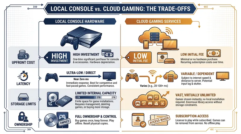 The primary trade-offs between purchasing local hardware and subscribing to cloud gaming.