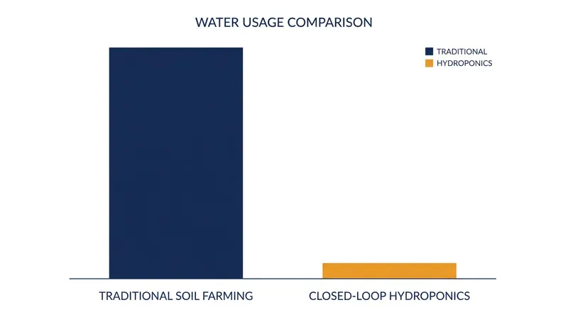 By recirculating water, indoor hydroponic systems use up to 95% less water than open-field agriculture.