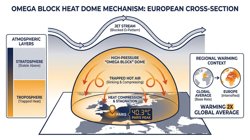 An Omega block traps hot air from Northern Africa over the European continent, compounding daily temperatures.