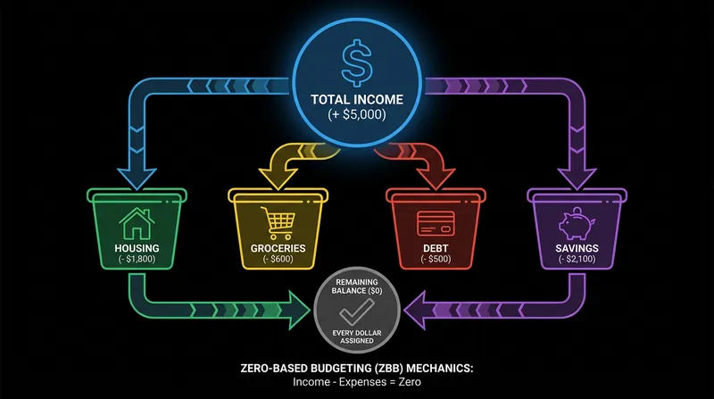 Zero-based budgeting requires assigning every dollar a specific job before the month begins, leaving a balance of exactly zero.