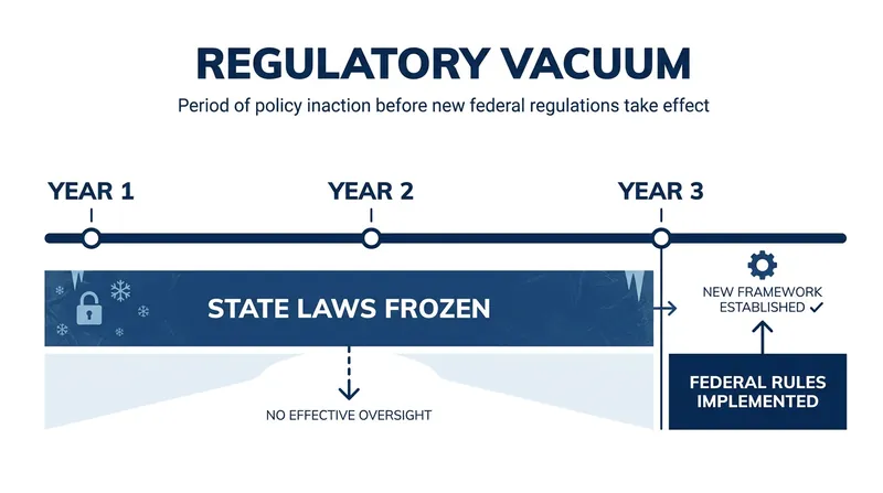 Critics argue the three-year freeze creates a dangerous gap in consumer protection while federal rules are written.
