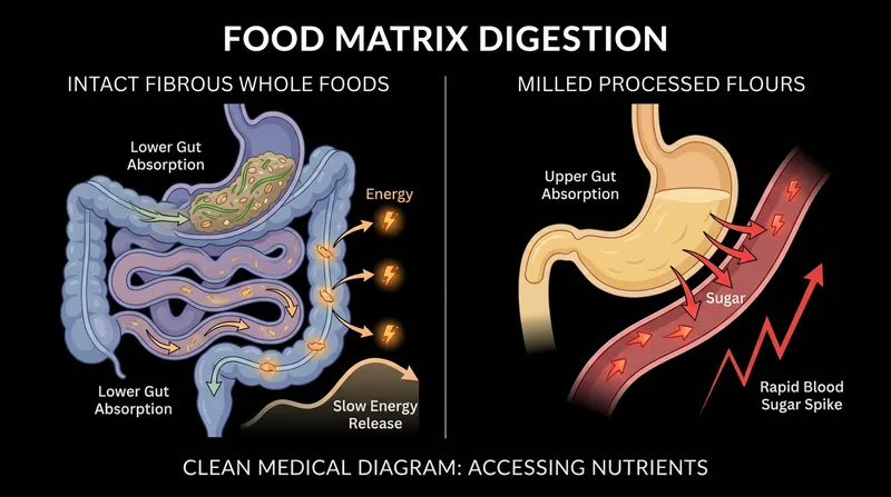 Processing strips away the natural fiber matrix, leading to rapid absorption and blood sugar spikes.