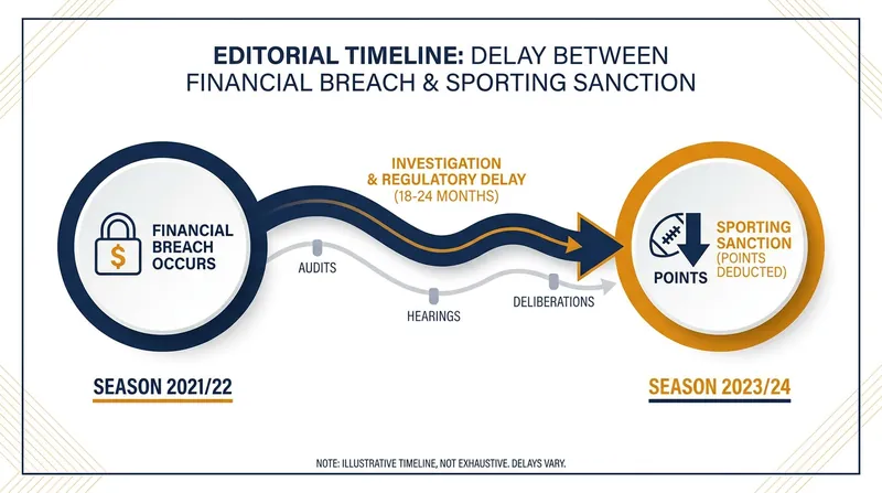 The timeline disconnect between Everton's PSR breach and the subsequent points deduction.
