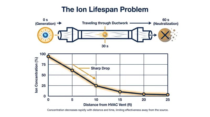 Because ions have a lifespan of roughly 60 seconds, achieving high concentrations in large rooms remains a physical challenge.