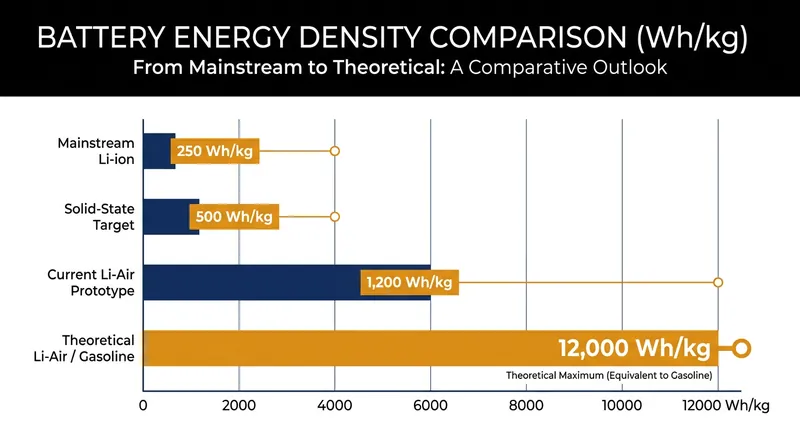 Lithium-air batteries offer a theoretical energy density that rivals liquid gasoline.