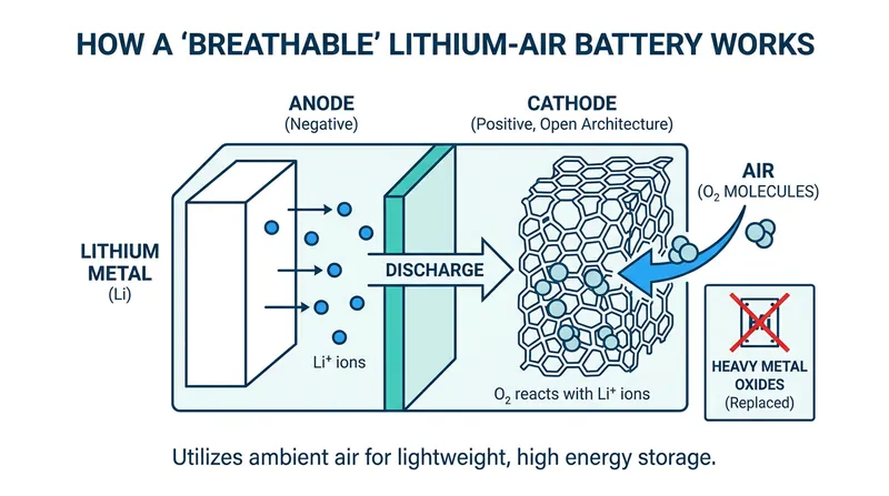 By drawing oxygen from the air, lithium-air cells eliminate the need for heavy metal oxides inside the battery casing.