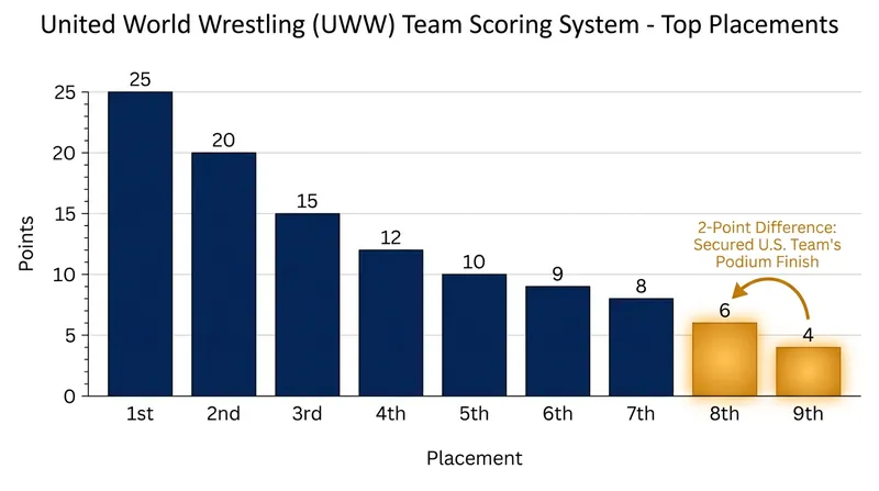 The UWW scoring system awards points to the top ten finishers, making the shift from ninth to eighth place a critical 2-point gain.