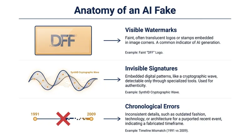 Fact-checkers rely on a combination of visible clues, invisible cryptographic watermarks, and chronological impossibilities to debunk synthetic media.