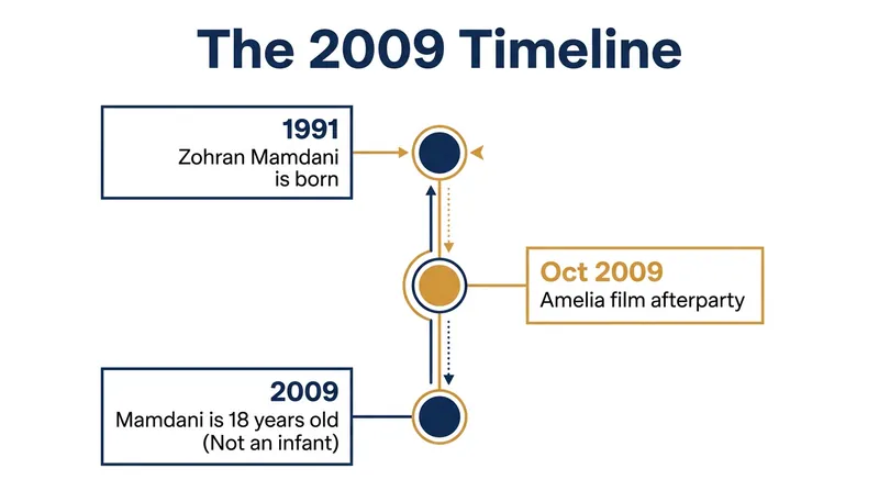 The most glaring error in the fabricated images is chronological: Mayor Mamdani was 18 years old at the time of the 2009 event.