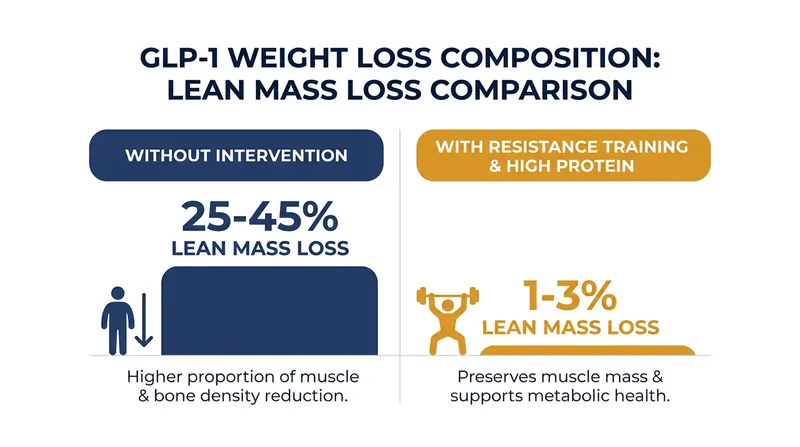 Clinical data shows that combining GLP-1 therapy with lifestyle interventions drastically reduces the proportion of lean mass lost.