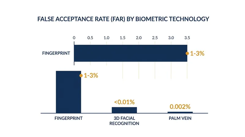 Palm vein and 3D facial recognition offer significantly lower false acceptance rates than traditional fingerprint scanners.