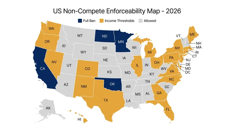 Four states now completely ban non-competes, while dozens of others enforce strict income thresholds.