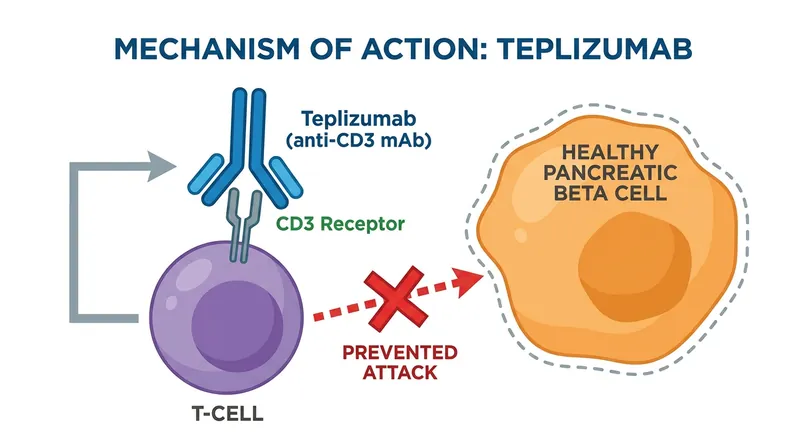 Teplizumab binds to CD3 receptors, disarming the rogue T-cells that destroy insulin-producing beta cells.