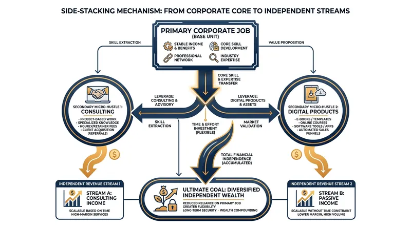 The 'side-stacking' model allows professionals to monetize their day-job expertise through low-friction digital consulting and e-commerce.