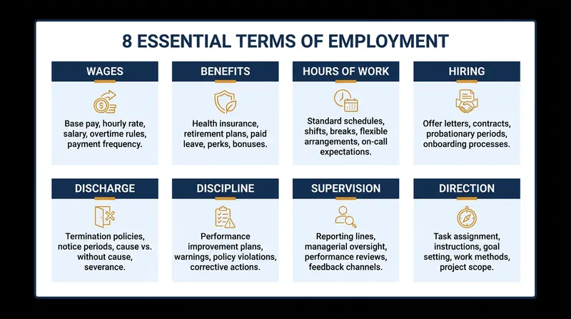 Under the 2026 rule, a company must directly control at least one of these eight terms to be considered a joint employer.