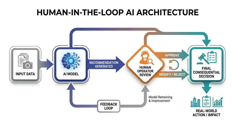 Human-in-the-loop architectures ensure that a person retains final authority over high-stakes algorithmic recommendations.