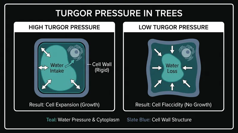 Without sufficient internal water pressure, tree cells cannot divide, halting physical growth even while photosynthesis continues.