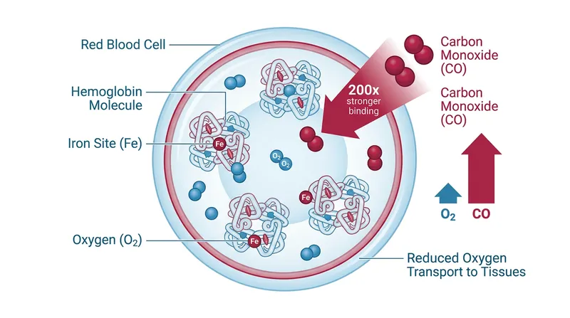 Carbon monoxide binds to hemoglobin with 200 times the affinity of oxygen, starving tissues of vital air.