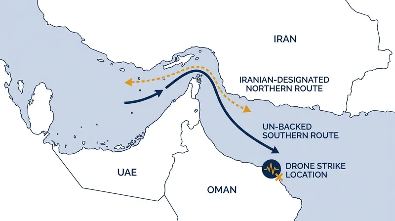 Map detailing the contested shipping lanes and the location of Thursday's drone strike.