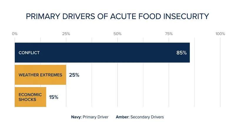 Armed conflict remains the primary driver of acute food insecurity, affecting 12 of the 13 identified global hotspots.