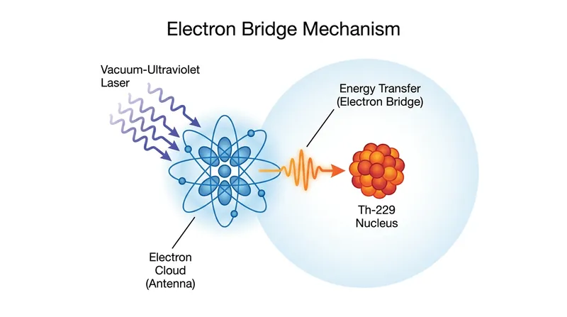 The 'electron bridge' allows the atom's electron cloud to act as an antenna, efficiently transferring laser energy to the nucleus.