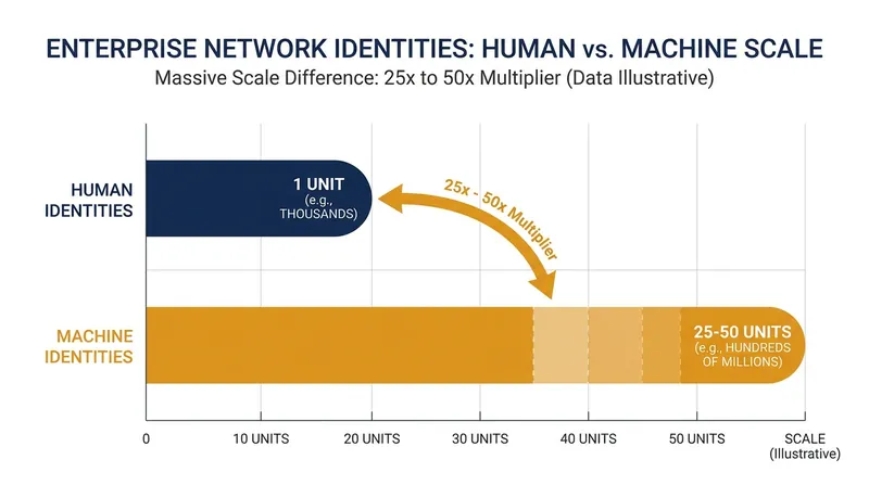 Machine identities now vastly outnumber human users in modern enterprise environments.