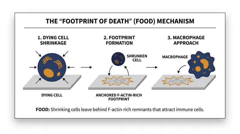 Dying cells leave behind anchored 'footprints' that signal immune cells to clean up the debris.