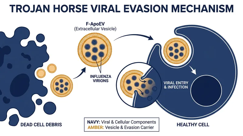 Influenza viruses hijack the host's cellular footprints, hiding inside to infect neighboring healthy cells without triggering an immune response.