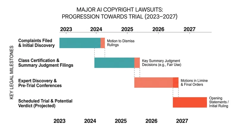 The visual arts lawsuit is scheduled to reach a jury trial in 2027, following years of procedural battles.