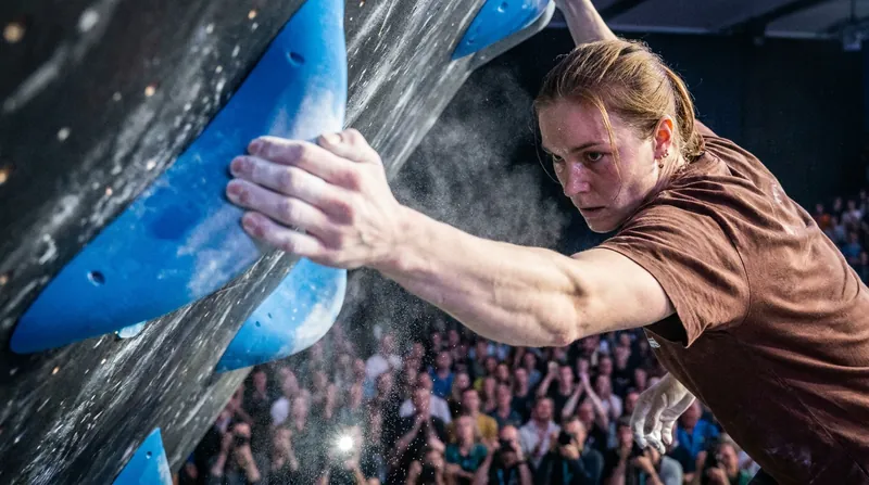 The Combined Boulder & Lead format requires athletes to master both short, powerful problems and a grueling 15-meter endurance wall.