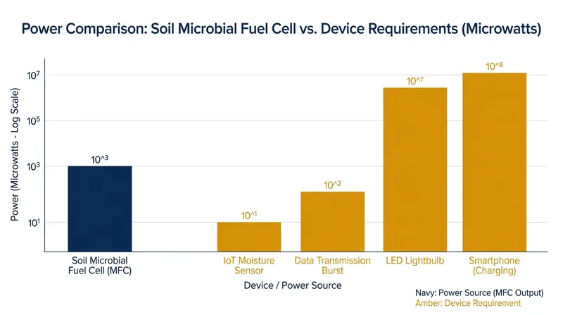 While output is low, SMFCs provide ample power for intermittent IoT sensor transmissions.