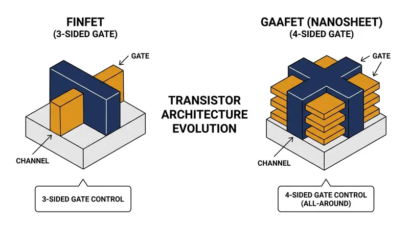 GAAFET surrounds the silicon channel on all four sides, preventing power leakage at microscopic scales.